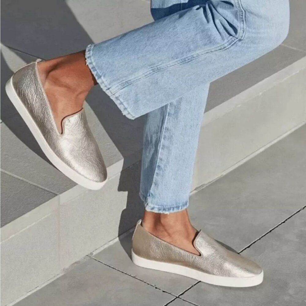 BIRDIES The Swift Slip-On Leather Platform Sneakers Metallic Silver Flats 8.5